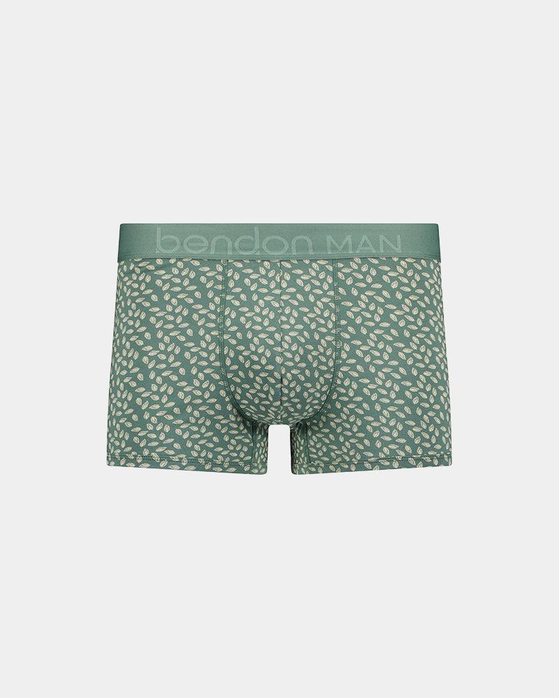 Retros Print Mens Trunk in DITZY LEAF PRINT. Flat lay front view