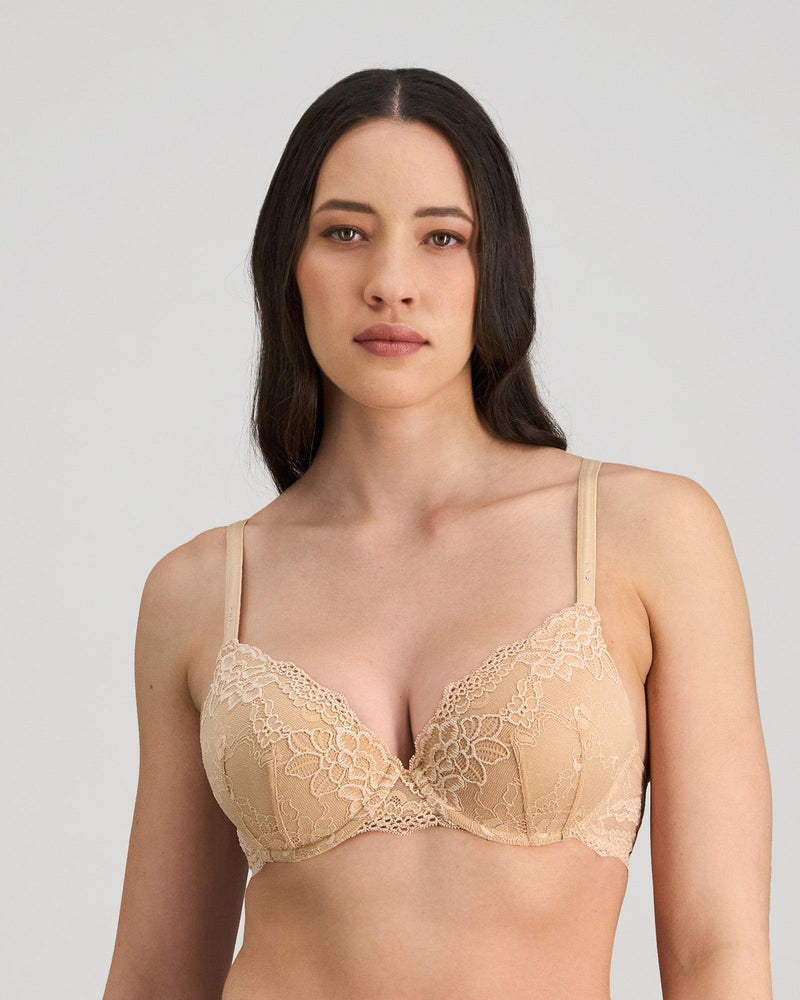 Model wears My Fit Lace Contour Bra in FRAPPE. On body front view