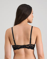 Model wears My Fit Lace Push Up Bra in BLACK. On body back view