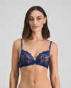 Model wears My Fit Lace Push Up Bra in Medieval Blue. On body front view