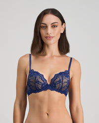 Model wears My Fit Lace Push Up Bra in Medieval Blue. On body front view