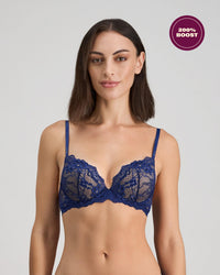 Model wears My Fit Lace Push Up Bra in Medieval Blue. On body front view