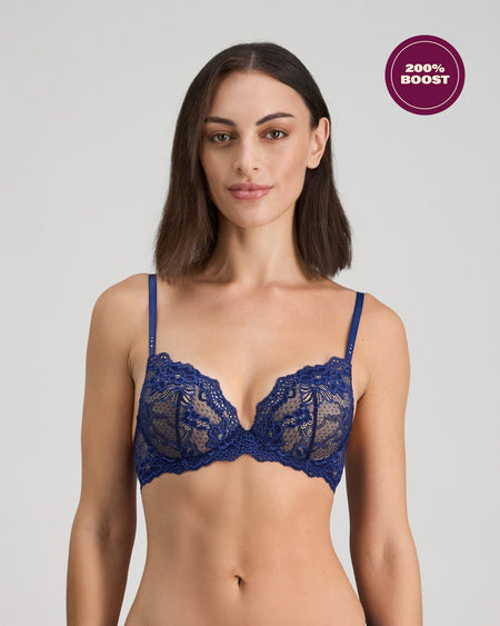 Model wears My Fit Lace Push Up Bra in Medieval Blue. On body front view