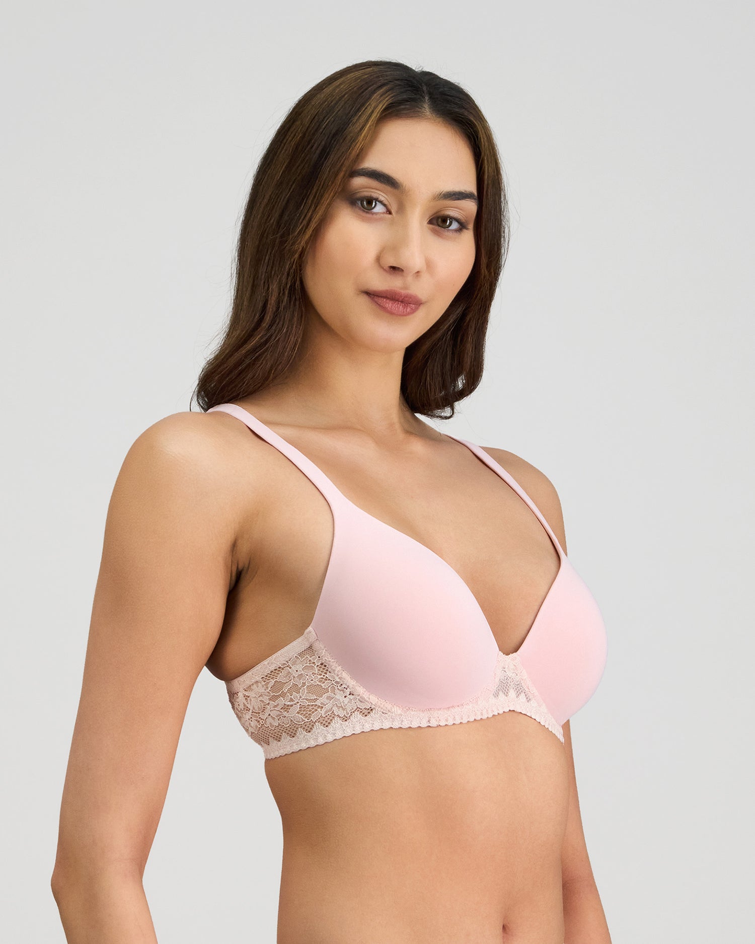 Model wears Bendon Dream-Fit Contour Bra in PALE LILAC. On body side view
