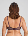 Model wears Vivacious Underwire Bra in PLUM PERFECT/LATTE. On body back view