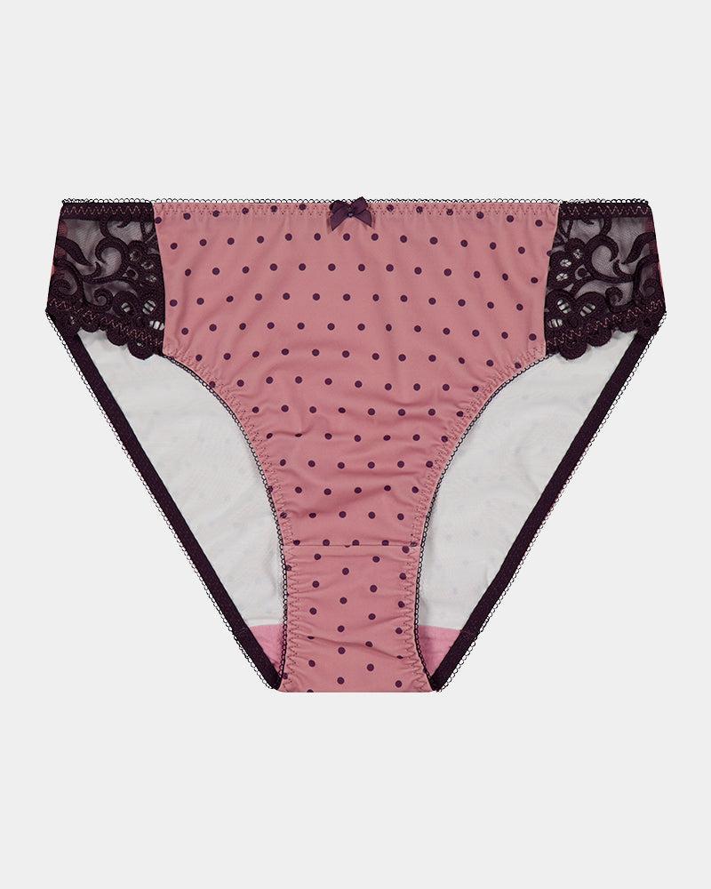 Rose Dot High Cut Brief in PLUM/LILAS. Flat lay front view
