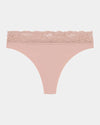 Cotton And Lace Thong in LATTE. Flat lay front view