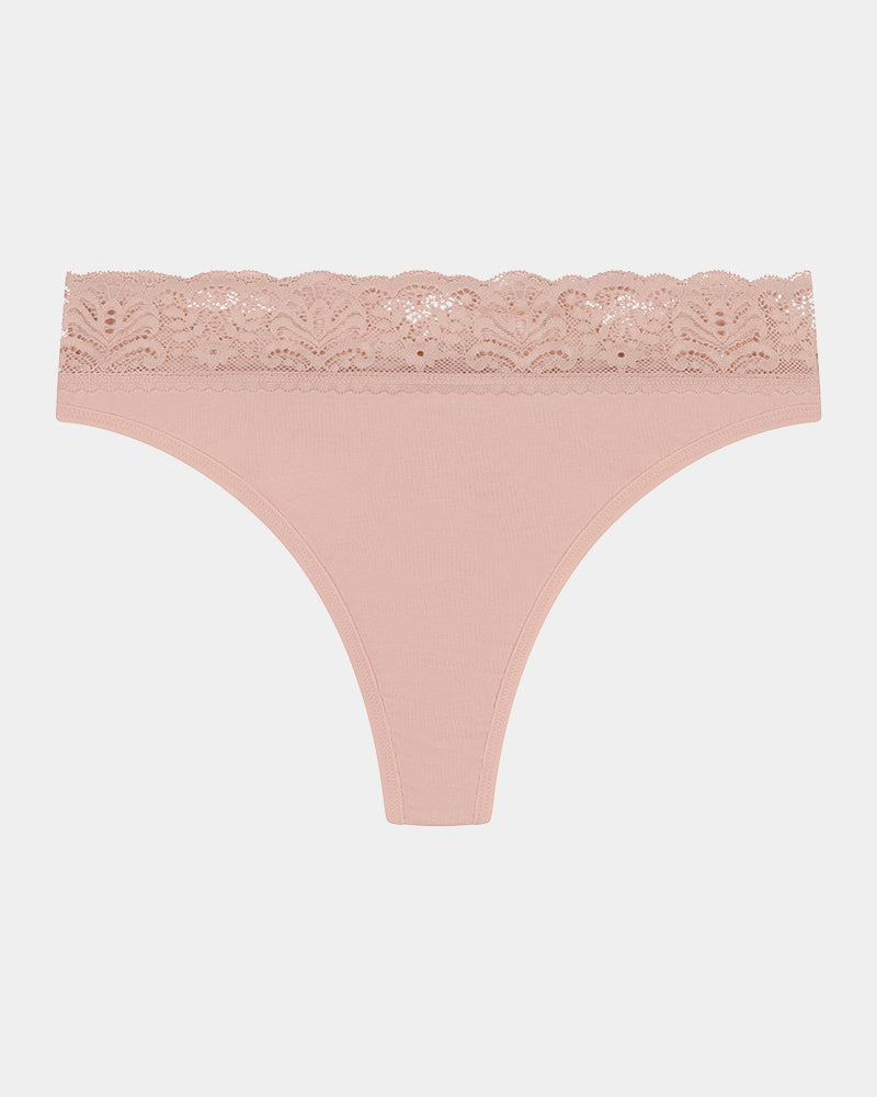 Cotton And Lace Thong in LATTE. Flat lay front view