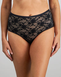 Model wears Lace Sculpt Full Brief in BLACK. On body front view