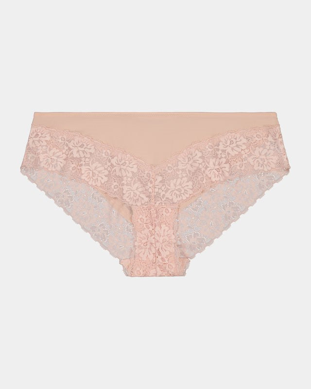 Lace Trim Brazilian in LATTE. Flat lay front view