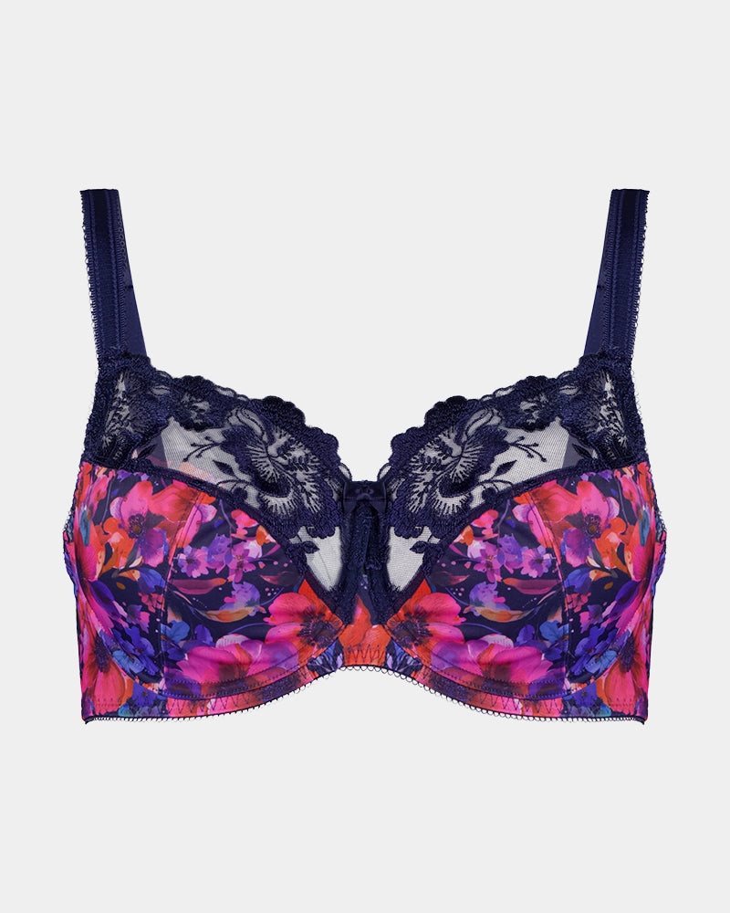 Wild Violet Underwire Bra in JAZZY FLORAL PRINT. Flat lay front view