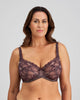 Model wears Vivacious Underwire Bra in PLUM PERFECT/LATTE. On body front view