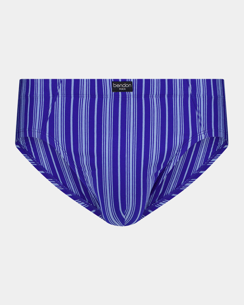 Cotton Stretch Mens Brief in SURF THE WEB STRIPE. Flat lay front view