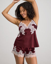 Sweet Indulgence Cami & Short Set in FIG/PALE LILAC. Flat lay back view