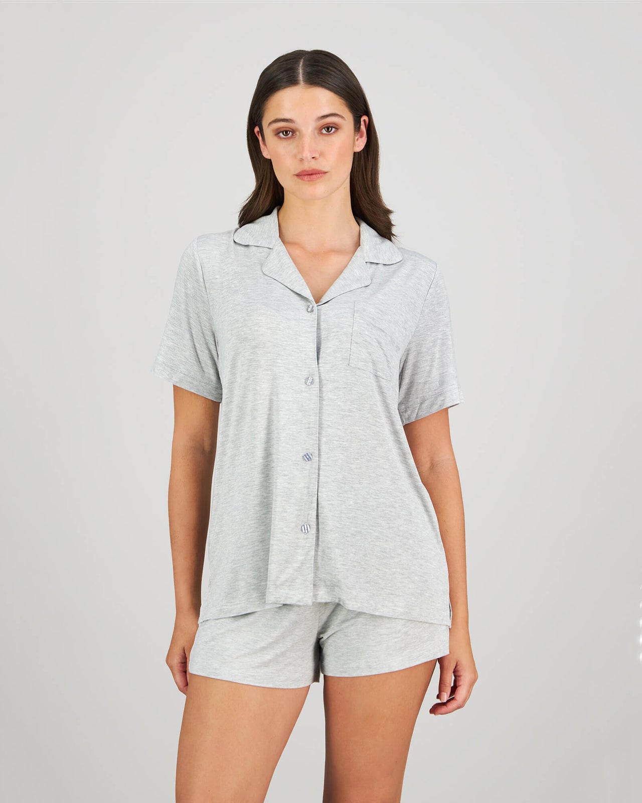 Model wears Belle Bamboo Short PJ in LIGHT GREY MARLE. On body front view