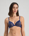 Model wears My Fit Lace Push Up Bra in Medieval Blue. On body front view