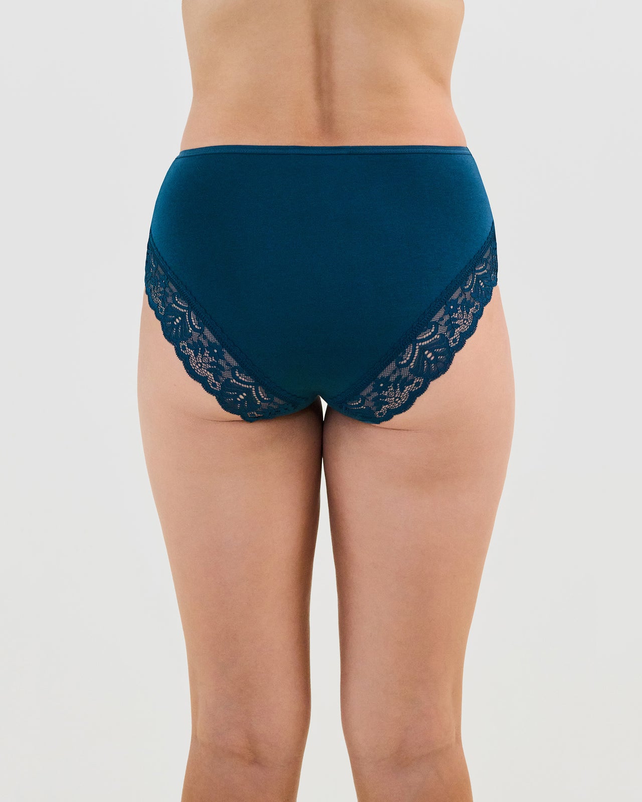 Model wears Cotton And Lace Full Brief in REFLECTING POND. On body back view