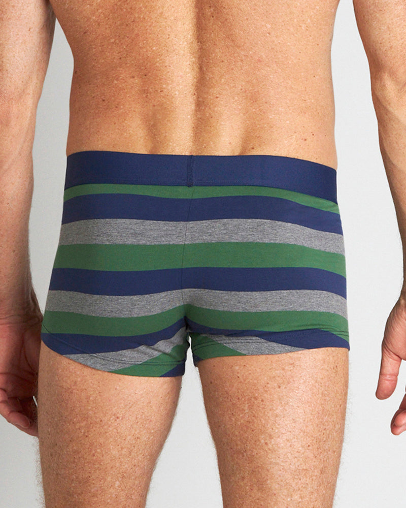 Model wears Rugby Stripe Mens Trunk in FOLIAGE GREEN/MEDEIVAL BLUE/MARLE. On body back view