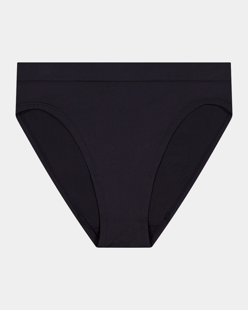 Seamless Soft High Cut Brief in BLACK. Flat lay front view