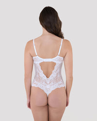 Model wears My Fit Lace Bodysuit in WHITE. On body back view