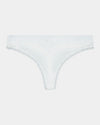 Model wears Cotton Logo Thong in WHITE. On body front view