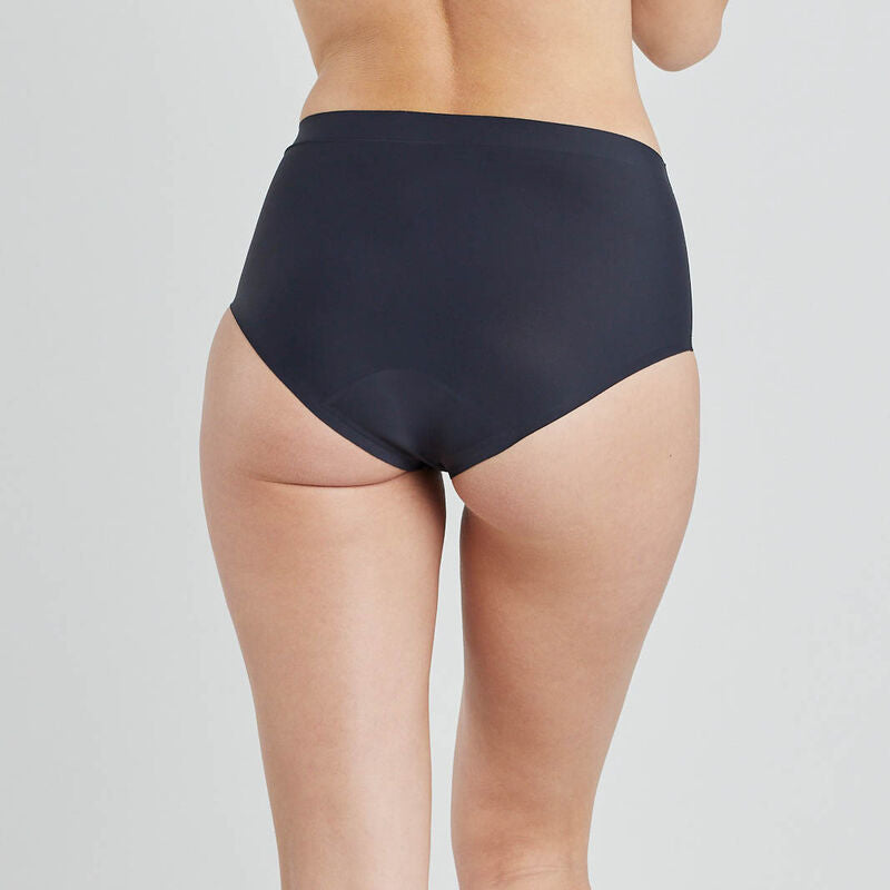 Model wears Flo Light Full Brief in BLACK. On body back view