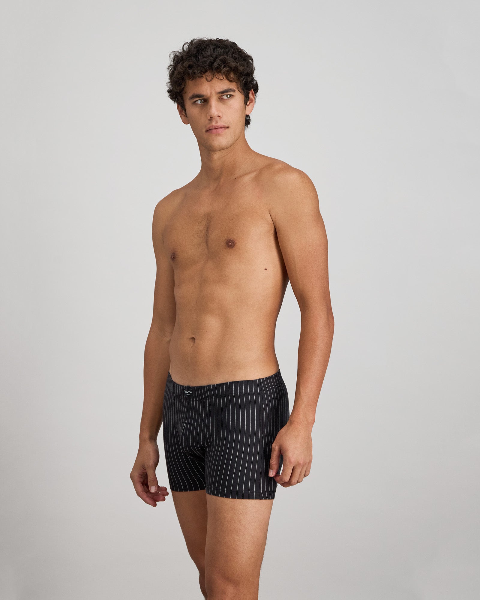 Cotton Stretch Mens Boxer Trunk in BLACK PINSTRIPE. Flat lay back view