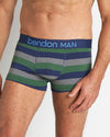 Model wears Rugby Stripe Mens Trunk in FOLIAGE GREEN/MEDEIVAL BLUE/MARLE. On body front view