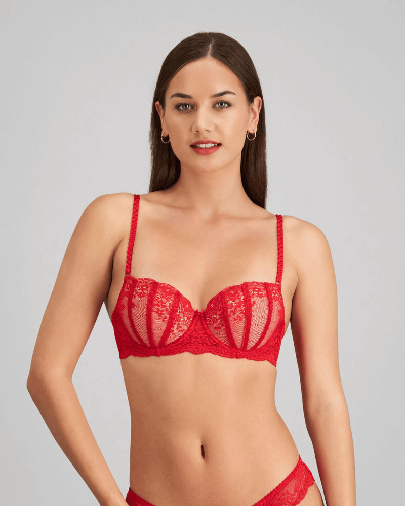 Model wears Sofia Contour Bra in SALSA. On body front view