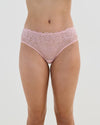 Model wears Lacey Brazilian in SILVER PINK. On body front view