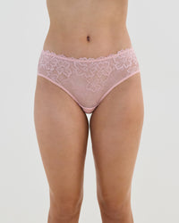 Model wears Lacey Brazilian in SILVER PINK. On body front view
