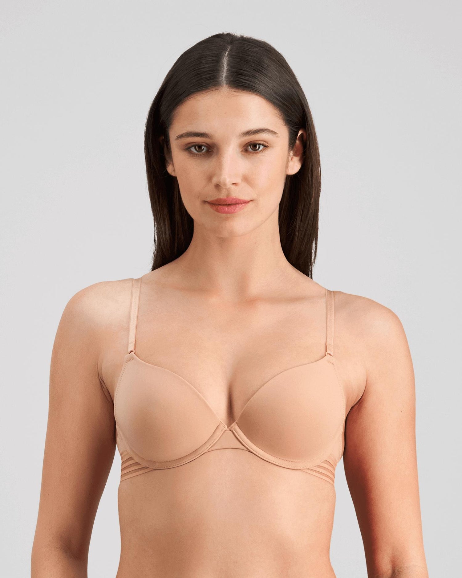 Model wears Stripe Elastic & Papertouch Push Up Bra in TUSCANY. On body front view