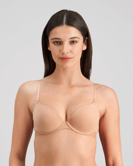 Model wears Stripe Elastic & Papertouch Push Up Bra in TUSCANY. On body front view