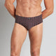 Model wears Cotton Stretch Mens Brief in BLACK/RHUBARB STRIPE. On body front view