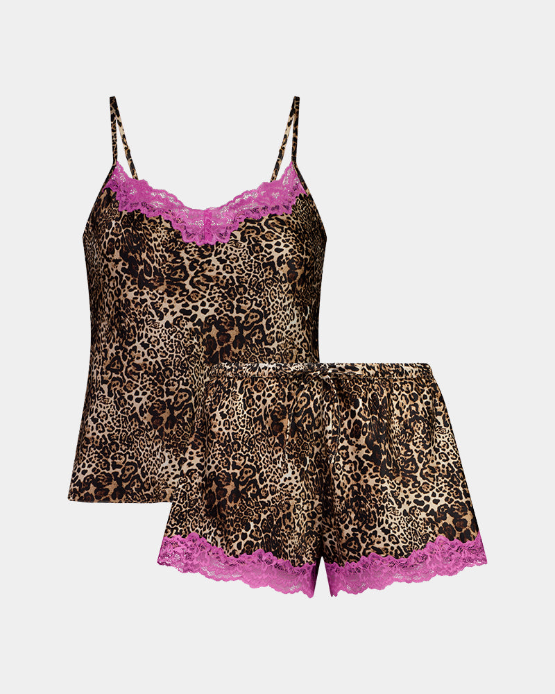 Sleigh The Night Cami & Short in WILD LYNX PRINT. Flat lay front view