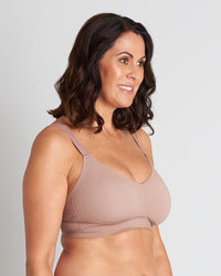 Model wears Comfit Collection Wire Free Bra in MOCHA. On body side view