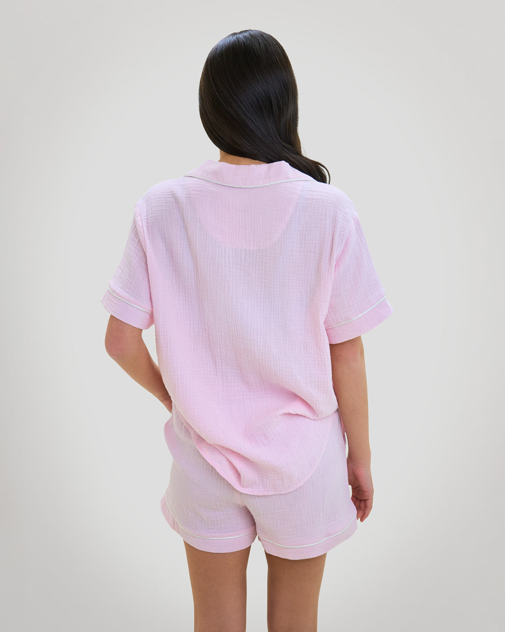 Model wears Bonbon Short Pj in PALE LILAC. On body back view