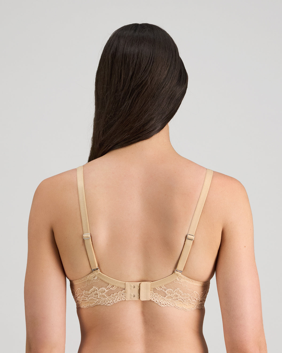 Model wears My Fit Lace Contour Bra in FRAPPE. On body back view