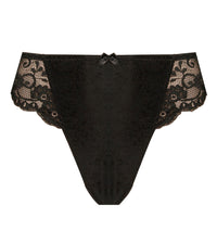 Body Lace Thong in BLACK. Flat lay front view