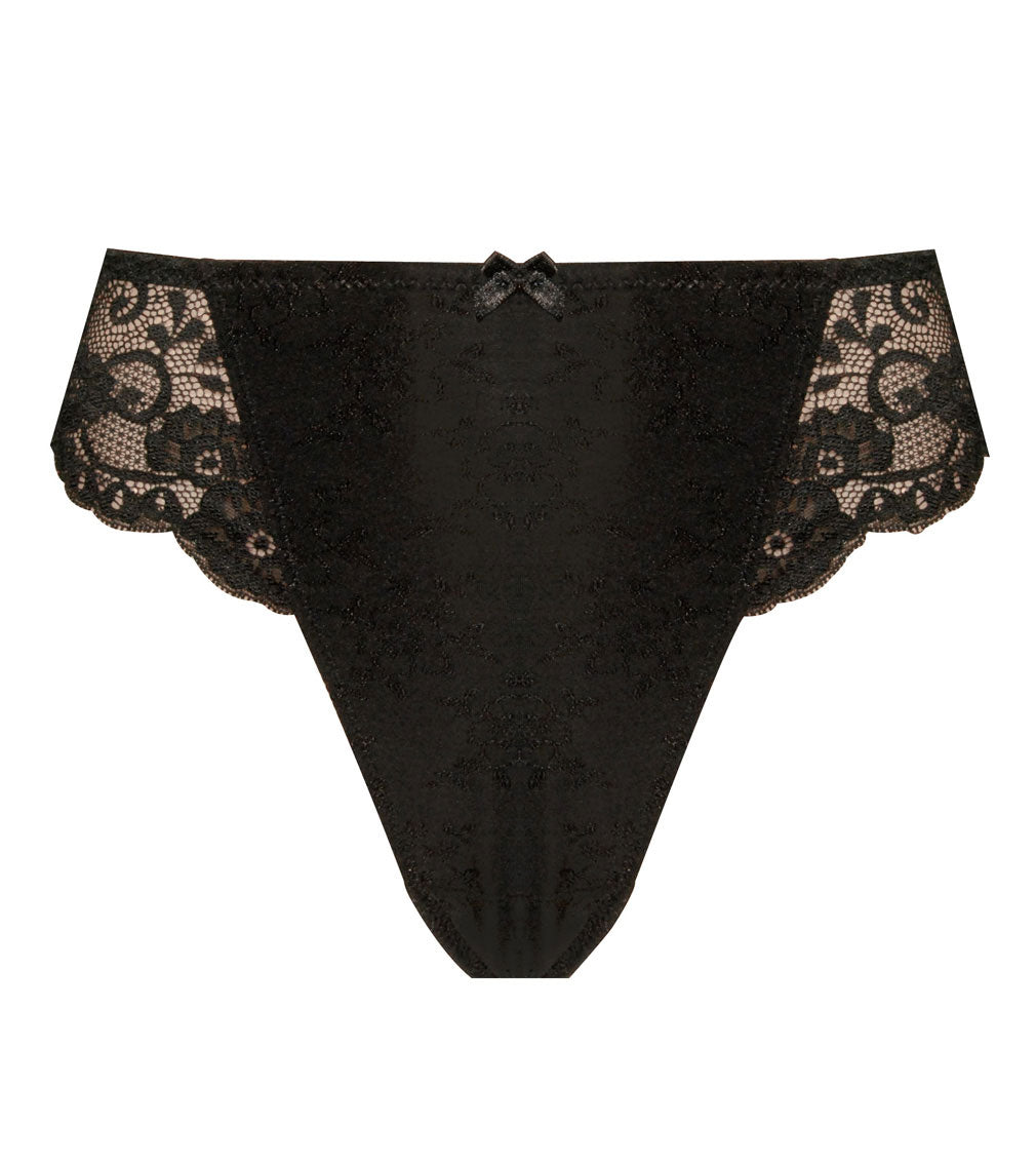 Body Lace Thong in BLACK. Flat lay front view