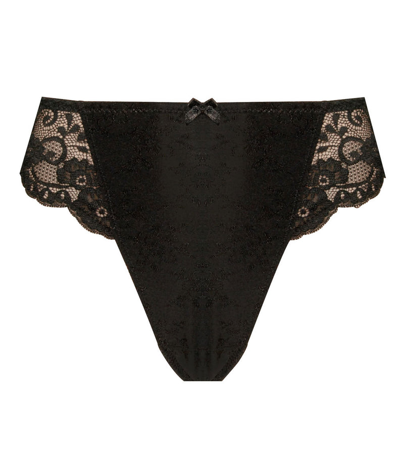 Body Lace Thong in BLACK. Flat lay front view