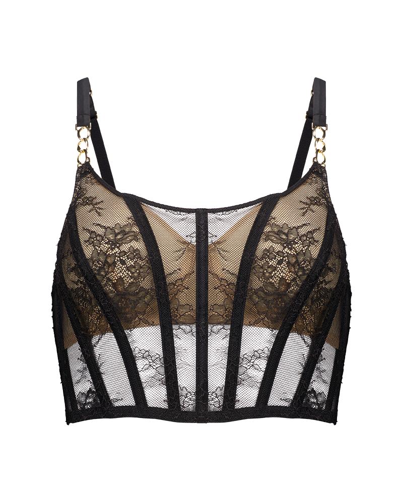 Scarlet Lover Corset in BLACK. Flat lay front view