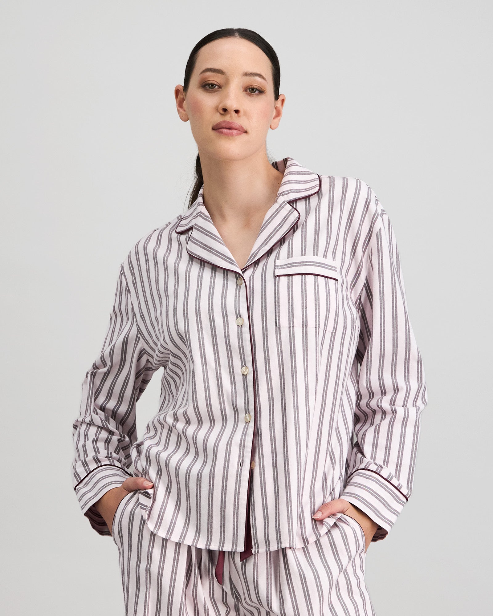 Model wears Cosy Flannel Long Sleeve Pj Top in PINK-A-BOO. On body front view