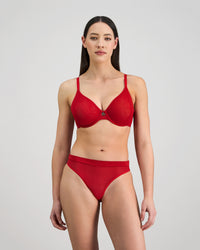 Lightweight High Cut Brief in SALSA. Flat lay back view