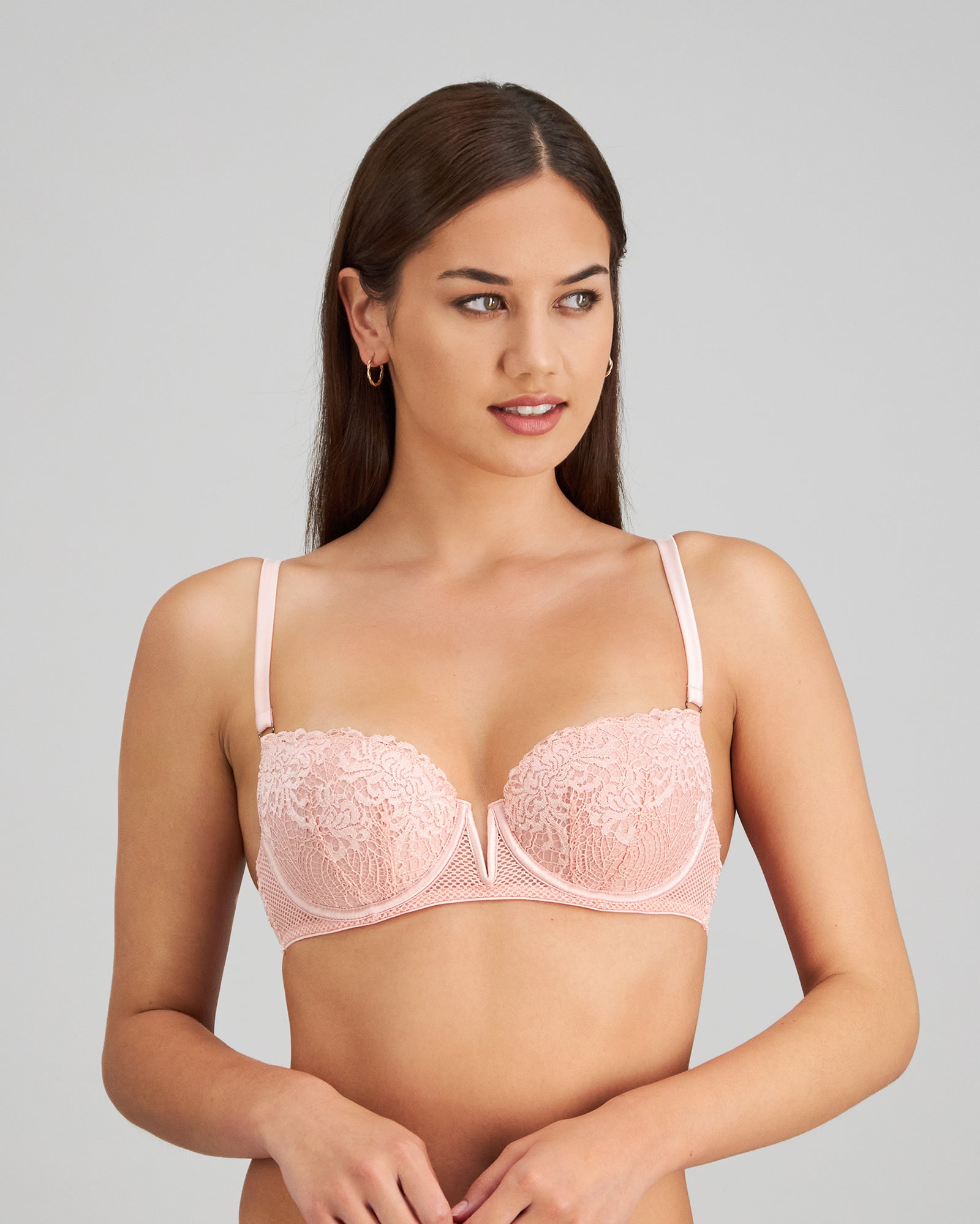 Model wears Adoration Contour Bra in SILVER PINK. On body front view