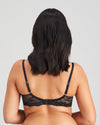 Model wears My Fit Lace Underwire Bra in BLACK. On body back view