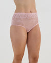 Model wears All Lacey Full Brief in SILVER PINK. On body side view