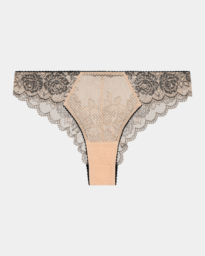 Everlasting Love Brazilian in CAMEO ROSE / BLACK. Flat lay front view