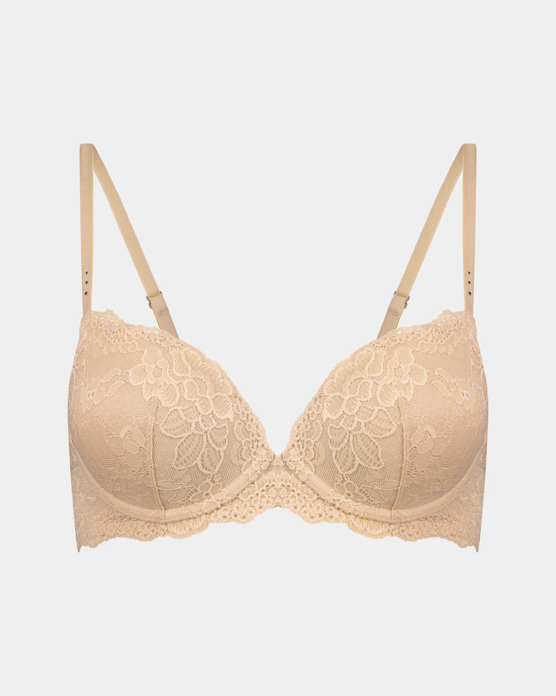 My Fit Lace Push Up Bra in FRAPPE. Flat lay front view