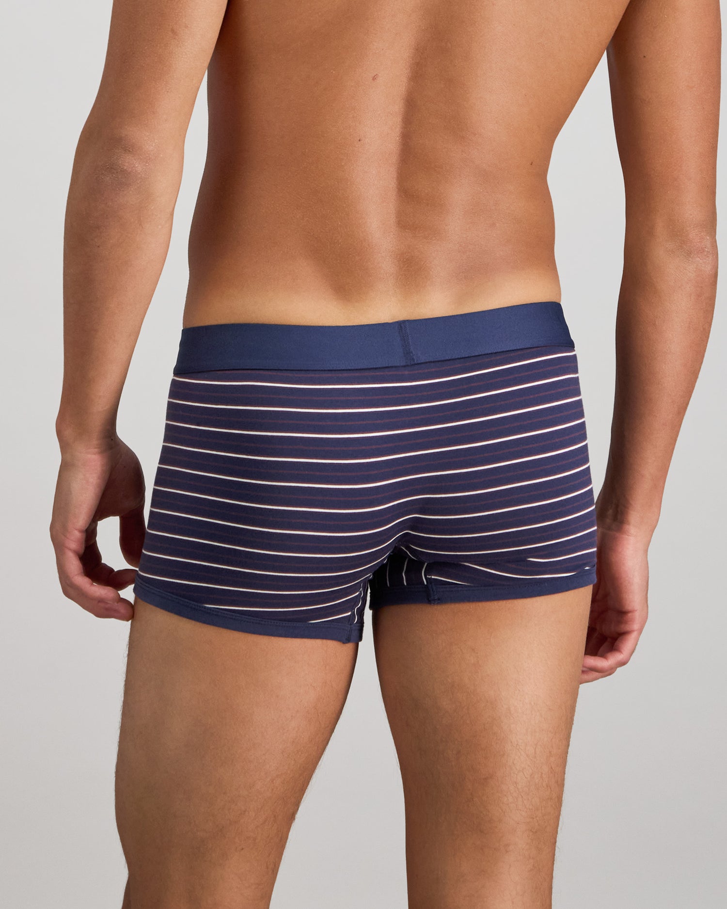 Model wears Bold Stripe Mens Trunk in PEACOAT/PLUM STRIPE. On body back view